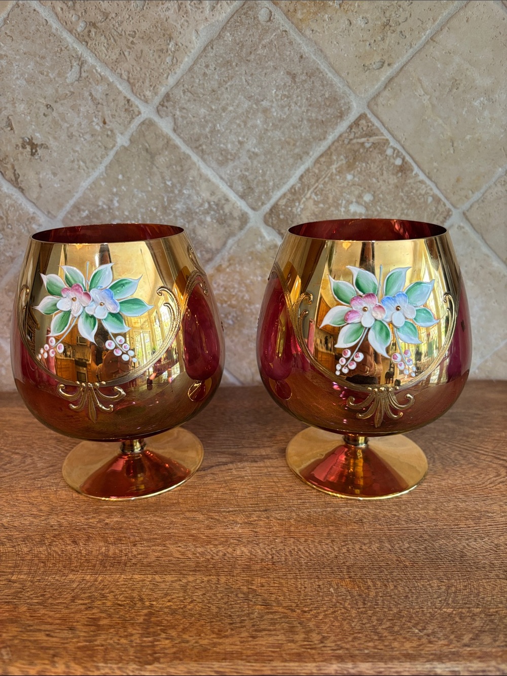 Vintage Bohemian/Czech Hand-Painted Floral Brandy Glasses - Set of 2